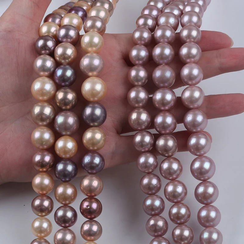 12-15mm Natural Pink Purple Color Freshwater Edison Round Pearl Beads Strand