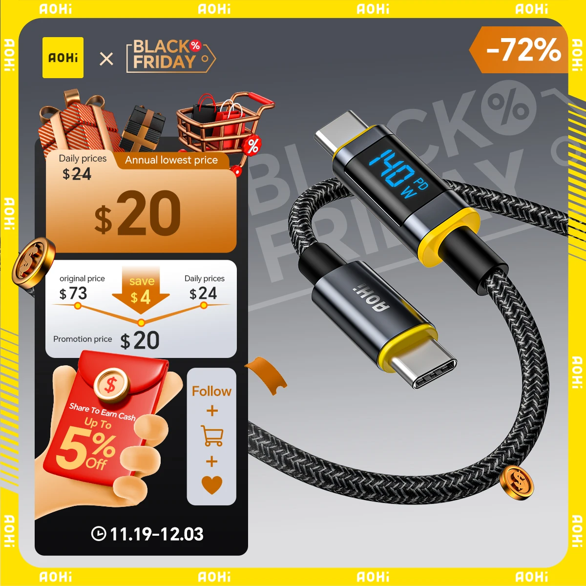 

AOHI Magline+140W Nylon USB C to USB C LED Digital Display Cable 4ft