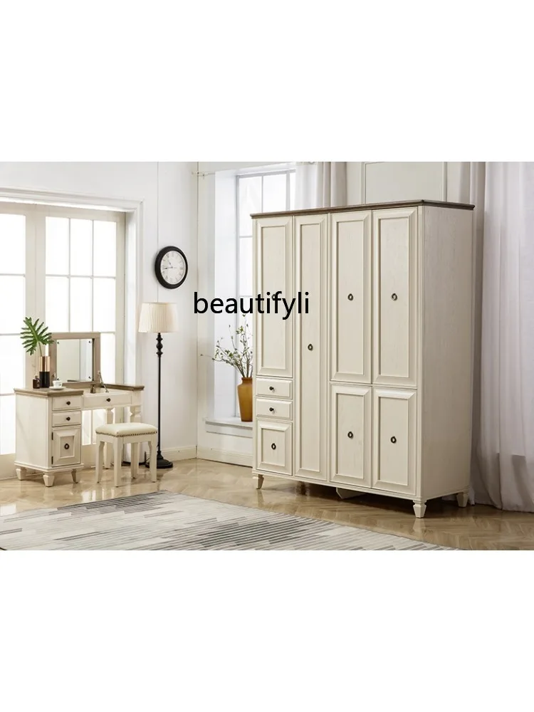 American Wardrobe Pure Solid Wood Four-Door Wardrobe Light Luxury Customized White Furniture Vertical Hinged Door Bedroom Locker