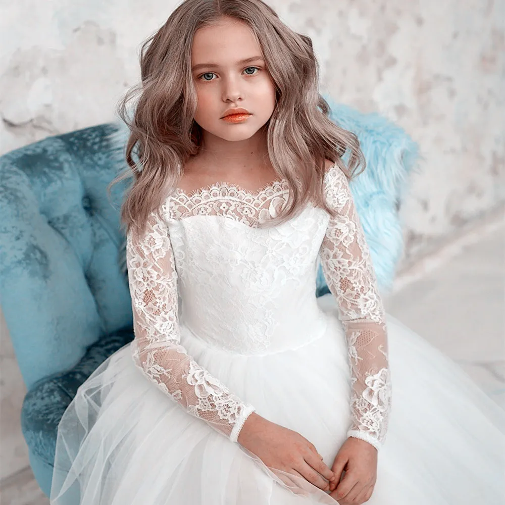 Full Sleeves Flower Girl Dress Bohemian Tulle Ivory White Lace Bow Girls First Communion Gown Junior Bridesmaid Dress