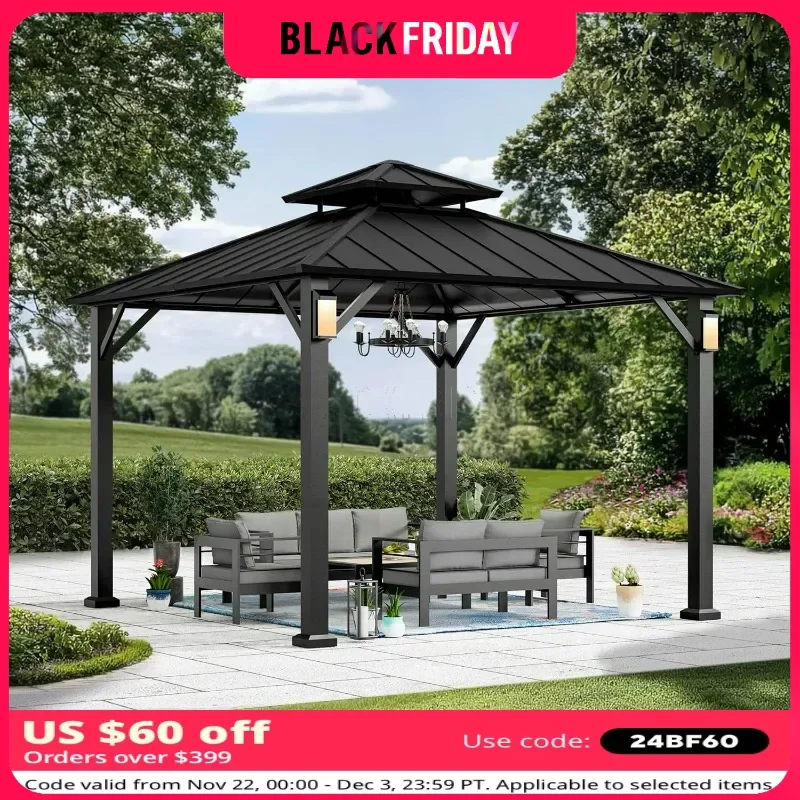 

Hardtop Gazebo 10' x 10', Metal Gazebo with 4 LED Lights, Outdoor Gazebos with Galvanized Steel Roof & Frame Patio Gazebo