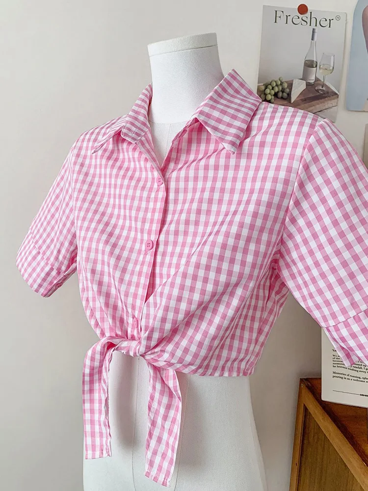 Sexy Cropped Plaid Shirt Women Slim Preppy Style Short Sleeve Design Blouse Fashion Lace Up Sweet Summer Lady Korean Casual Tops - view 2