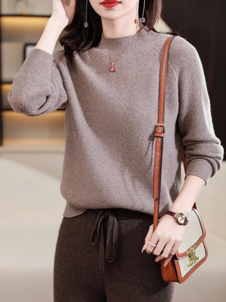 Autumn Winter Women’s 100% Merino Wool Mock-neck Pullovers Sweater Classical Casual Long Sleeve Knitwear Female Clothing Tops