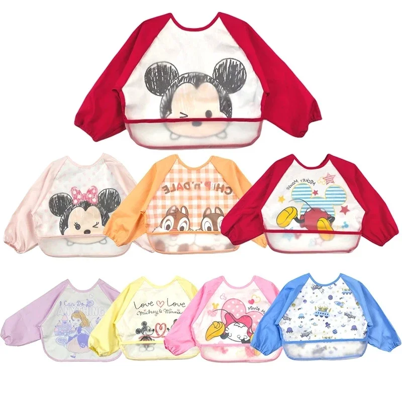 Babero EVA de Mickey y Minnie para niños, Blusa de manga larga, impermeable, a prueba de suciedad, babero de dibujos animados para comer, Disney