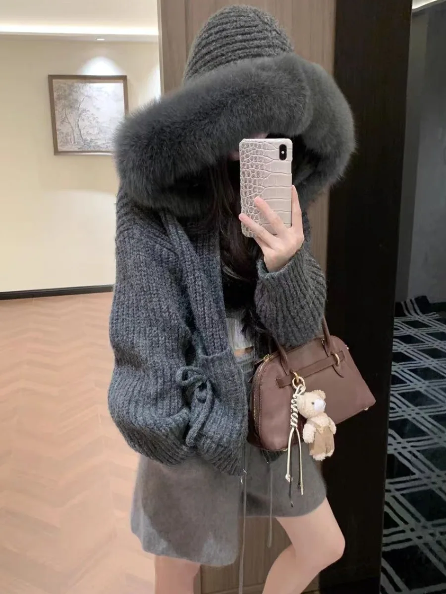 

Ladies Soft Cozy Knitted Hat Sweater Coat Winter New Sle Double ket Big Fur Collar Lazy Sle Faionable Commute Wear
