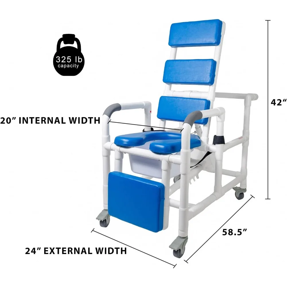 Reclining Shower Chair with (4) Locking Casters, Padded Seat, Back Rest, and Foot Rest, Seat Belt, Commode Pail. 325 lb.