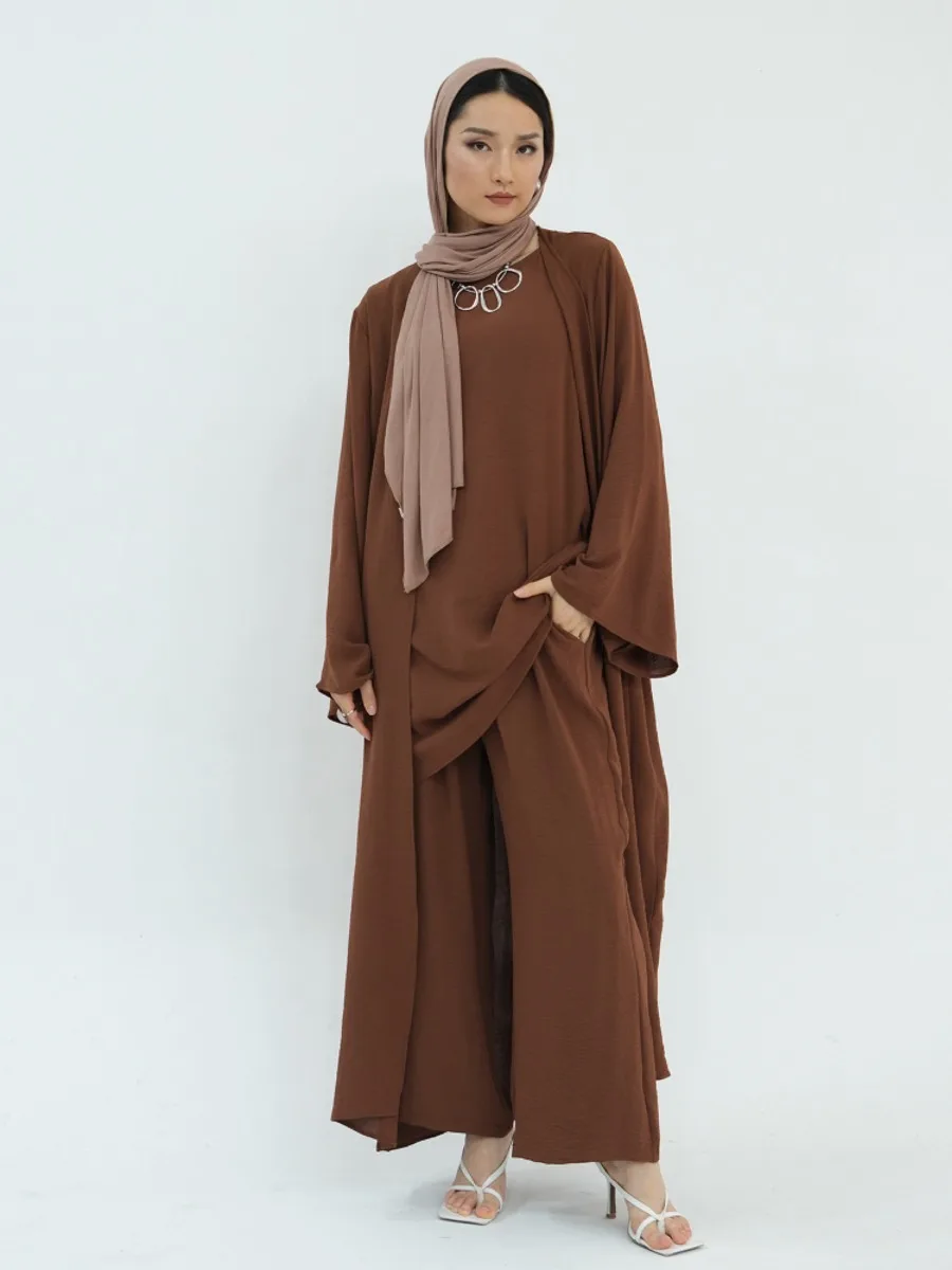 Eid Muslim Three Piece Sets Women Abaya Cardigan Tops Wide Leg Pants Suits Modest Kaftan Ramadan Morocco Abayas Ensembles 2024