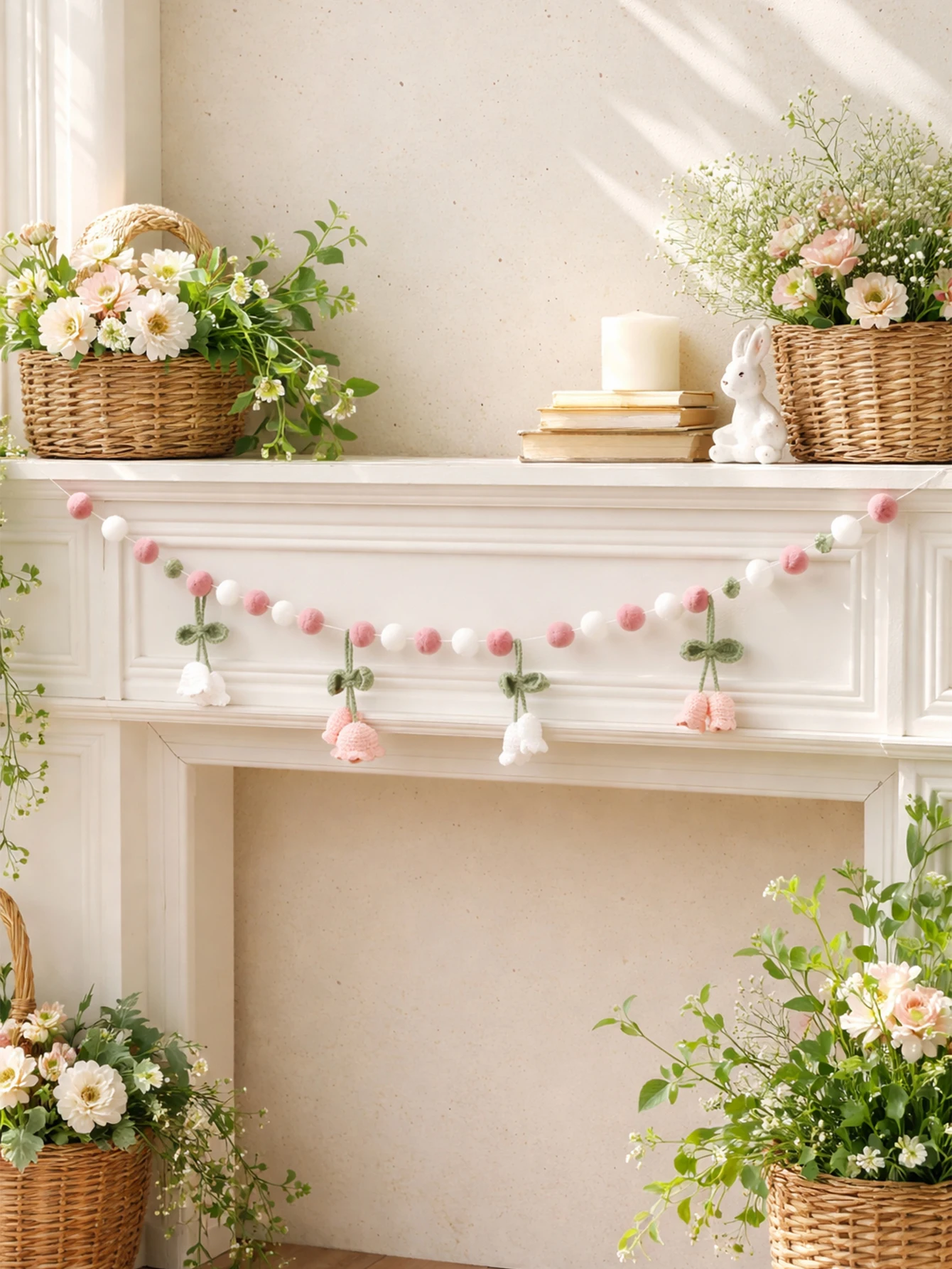Boho Häkel-Maiglöckchen Pompon-Girlande Rosa Weiße Filzkugel Blumenbanner Niedliche Wanddekoration für Kinderzimmer, Schlafzimmer & Party