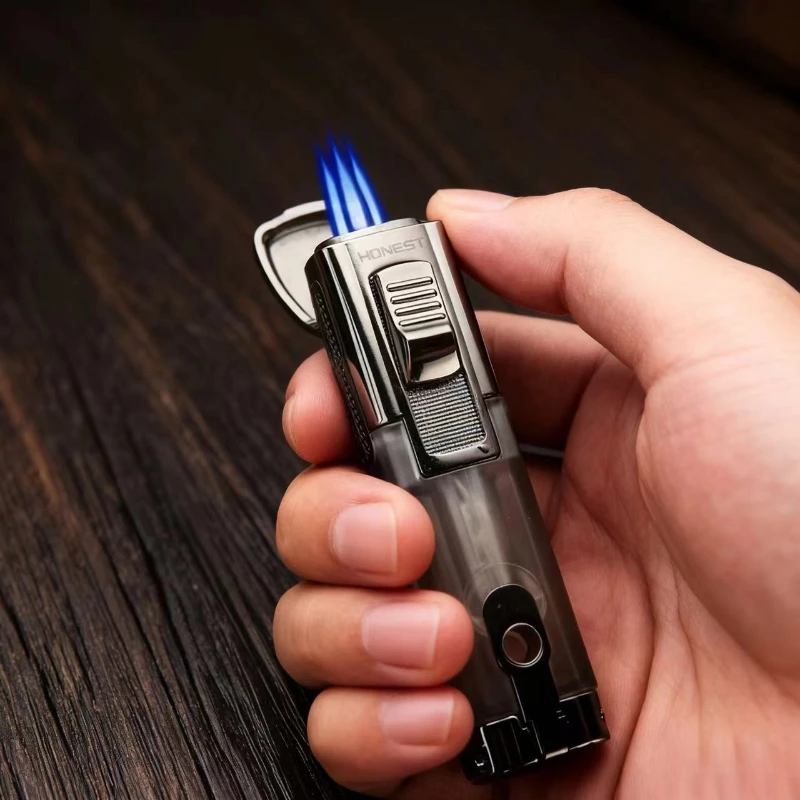 Honest Perspective Fuel Tank Metal Butane Lighter with Cigar Cutter Cigarette Lighter Windproof Gas Torch Spray Gun Three Flames
