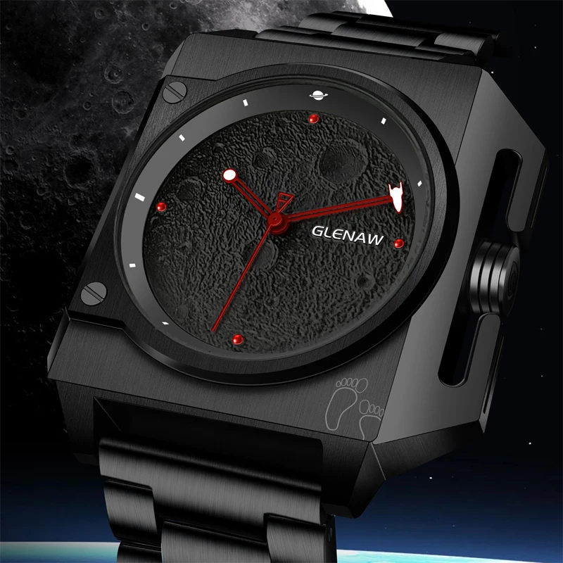 GLENAW Lunar Explorer Series Unique Space Capsule To Explore The Moon Surface Design Luminous Spaceship Pointer Waterproof Watch