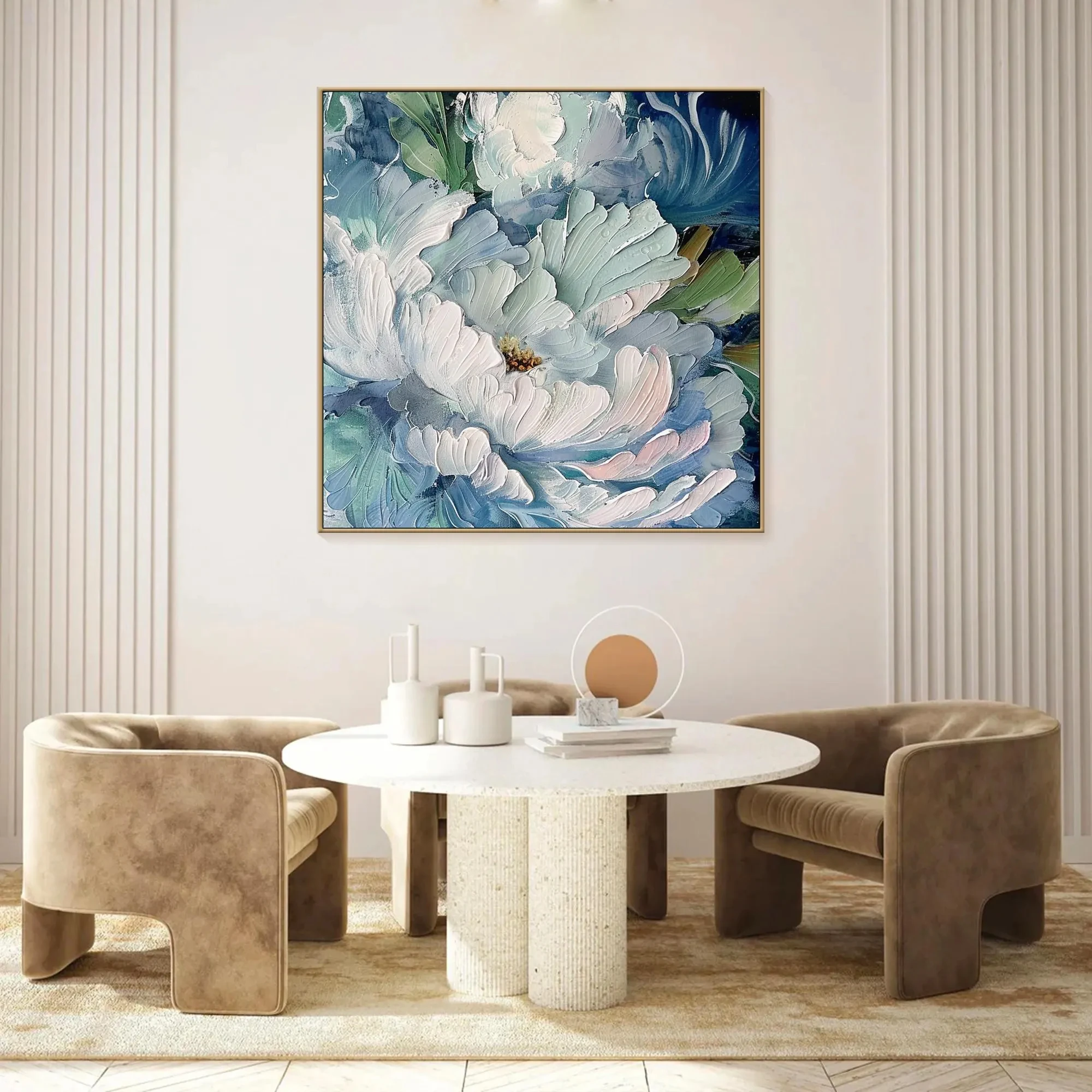 لوحة زيتية كبيرة على الطراز الفرنسي أنيقة باللون الأزرق الفاتح على شكل زهور، لوحة زيتية حديثة تجريدية، ديكور مثالي لغرفة المعيشة