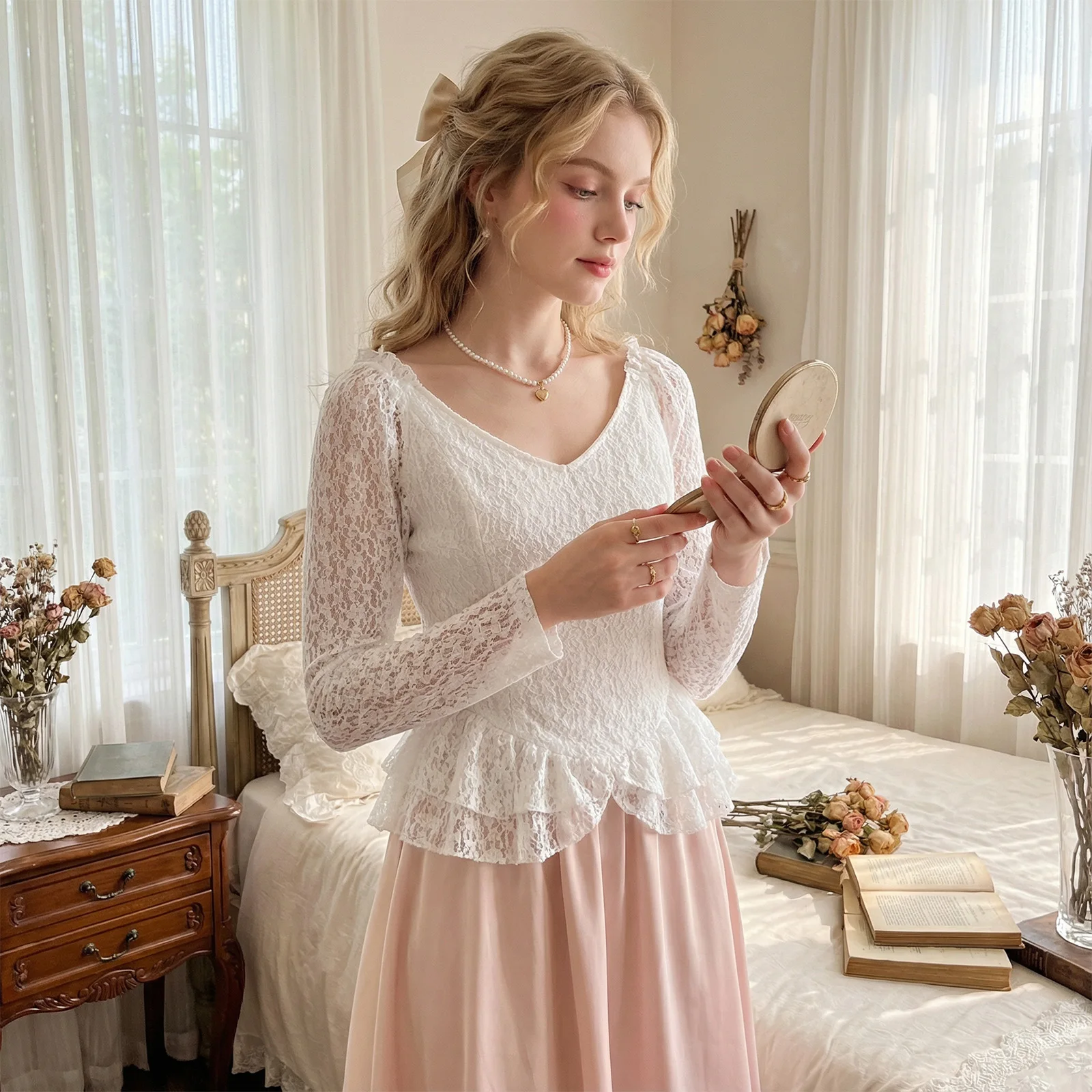 

Женские кружевные блузки с длинным рукавом, винтажные, с цветочным принтом, V-образным вырезом, многослойные, с рюшами, для выхода в свет, модные, весенне-осенние, в уличном стиле