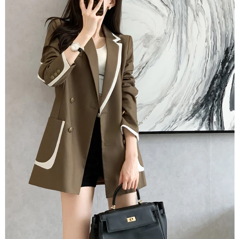 Women Korean Fashion Notched Contrast Color Street Chic Oversized Blazers Jacket Spring Autumn Casual Long Sleeve Outerwear Tops