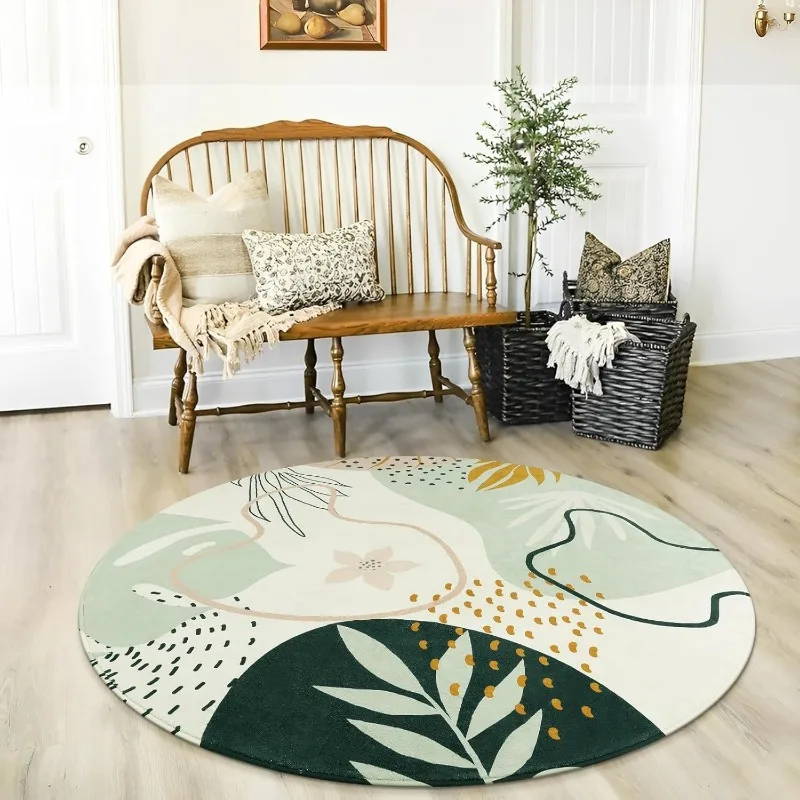 Machine Washable Foldable Round Study Bedroom Carpet Fashion Simple Green Plant Rug Living Room Dressing Table Chair Mat Ковер