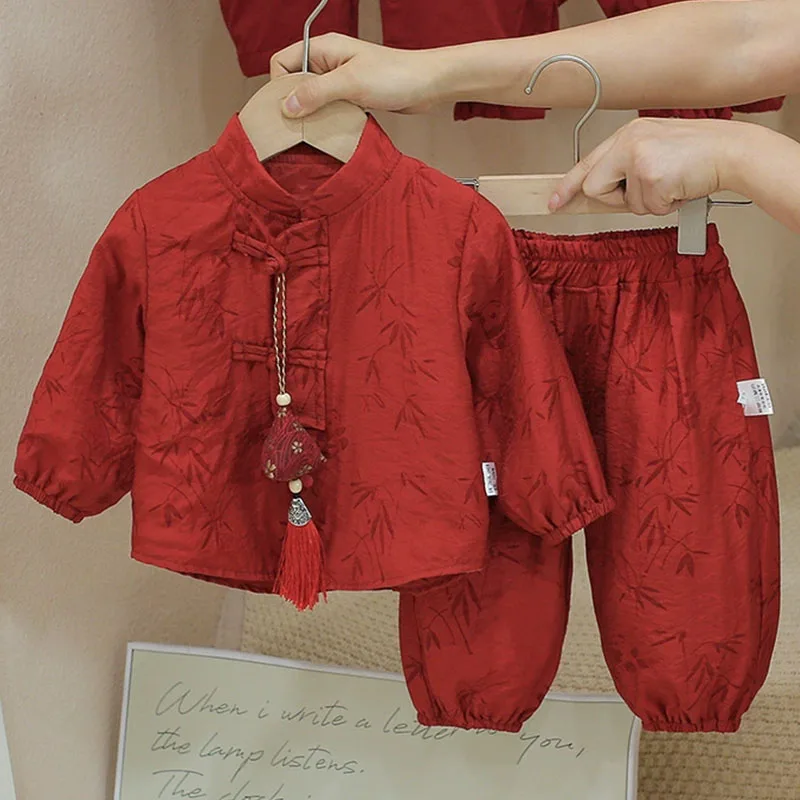 

Комплекты из 2 предметов, весенне-осенняя одежда для маленьких мальчиков от 3 до 6 месяцев, модные красные топы с длинными рукавами в китайском стиле + штаны, товары для новорожденных B243