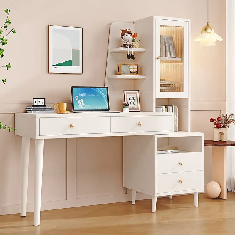 Solid Wood Student Desk Bookshelf Computer Desk Desk Home Writing Table Study Table Cream Wind Retractable Table