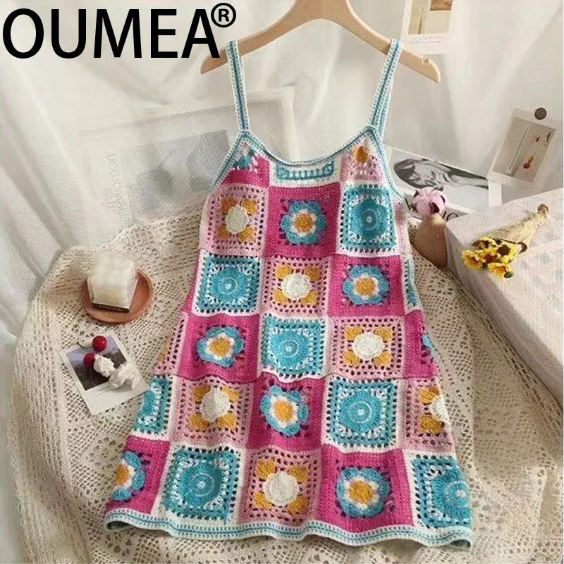 OUMEA Women Cotton Crochet Color Block Dress Summer Casual Beach Dress Korean Style Sleeveless Cute Dress Multi Color