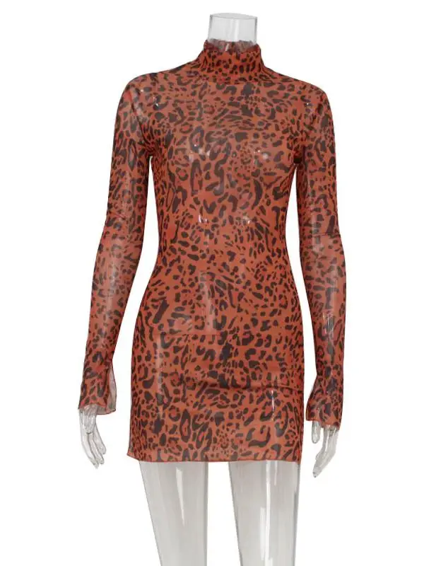 CNE Faion Leopard Print Long Sve Dr Sexy Wood ain  Slit Design Bodycon ort Skirt High Waist Polyester Fiber