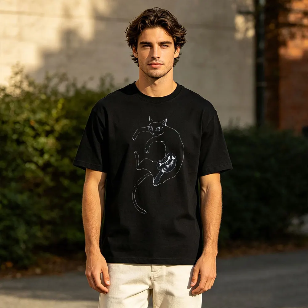 Aesthetic Minimalist T-Shirt Abstract Yin Yang Cat Fishbone One Line Art Print Simple Sketch Cat Lover Casual Daily Streetwear
