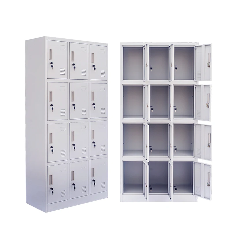 خزانة ملابس مسطحة مكونة من 12 بابًا مع أقفال مفاتيح إلكترونية باللون الرمادي لصالة الألعاب الرياضية أو خزانة أحذية تخزين الموظفين