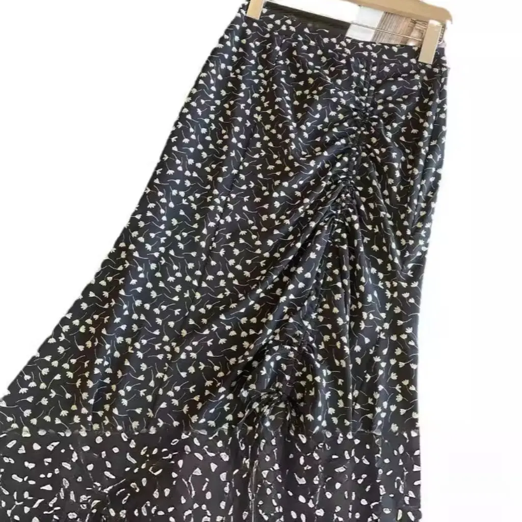 

French Retro Elegant Black Floral Chiffon Skirt Slimming Sheath Fishtail Mid-Length Gentle Style F031630