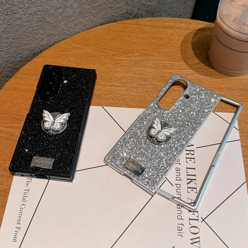 

Fashion Silver Glitter Cute Butterfly Ring Stand Phone Case For Samsung Z Fold 7 6 5 ZFold6 ZFold5 ZFold7 Cover Cartoon Cases Fu