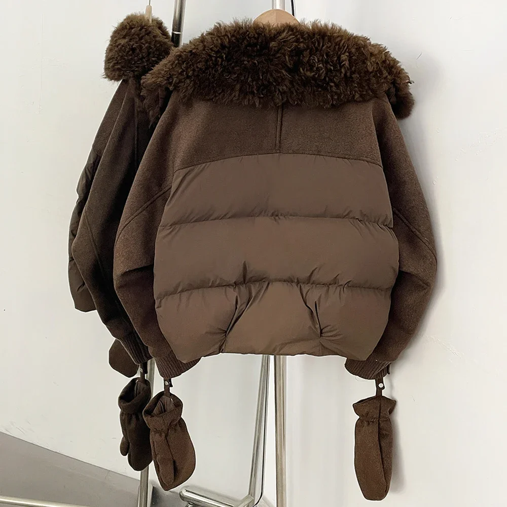 OFTBUY Luxuriöse Abnehmbare Handschuhe Natürlicher Pelz Entendaunen-Mantel Großer Echter Lammwoll-Pelzkragen Daunenjacke Damen Neue Winterkleidung – Detail 9
