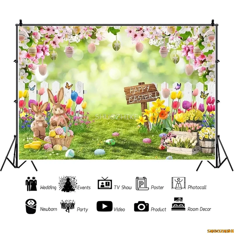 

SHUOZHIKE Green Spring Easter Day Photography Backdrops Props Hare Rabbits Colorful Eggs Wood Photo Studio Background VV-14