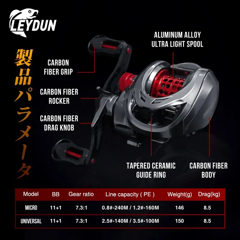 LEYDUN 146g Ultra Light Micro Fishing Reels 7.3:1 Double Spool All Carbon Baitcasting Reel Max Drag 8.5kg Bass Pike Fishing Reel