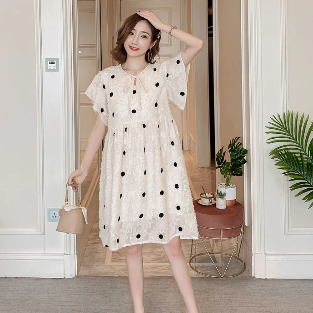 maternity dress New Polka Dot Print Dress Matching Short Sleeve A-Line Dress With Sash Clothes pregnancy photoshoot dress