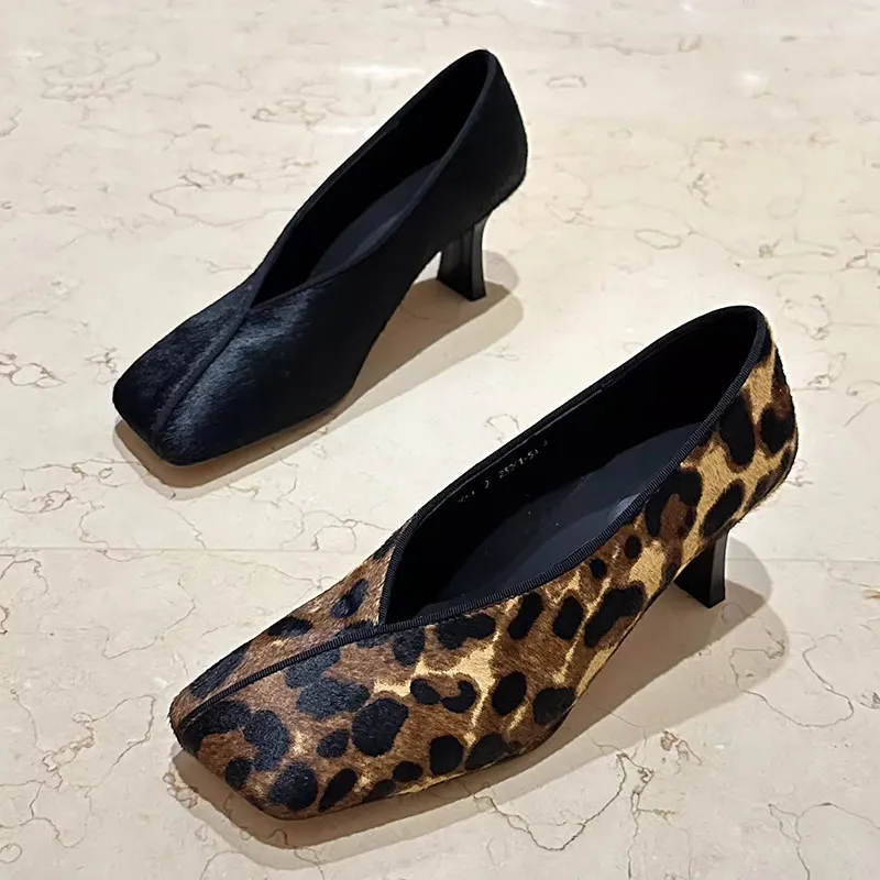 

New Spring Autumn Women Pumps Horsehair Leopard Shoes Square Toe High Heels Black Slip-on Shallow Shoes for Women
