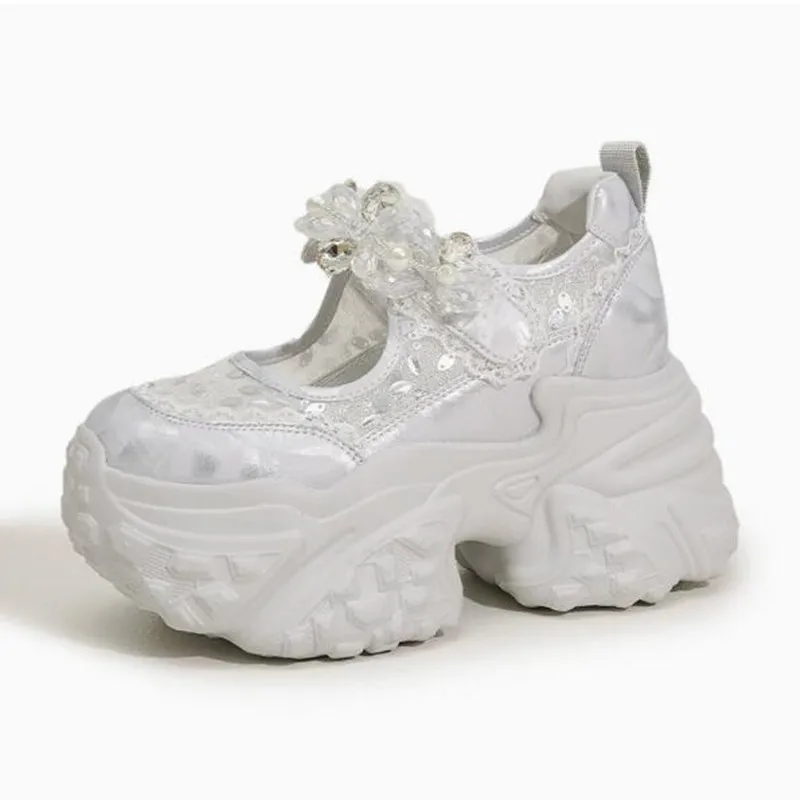 

9cm Women Summer Platform Wedge Microfiber Platform Wedge Hollow Shoes Air Mesh Synthetic Leather Shoes Vulcanize Slides Sandals