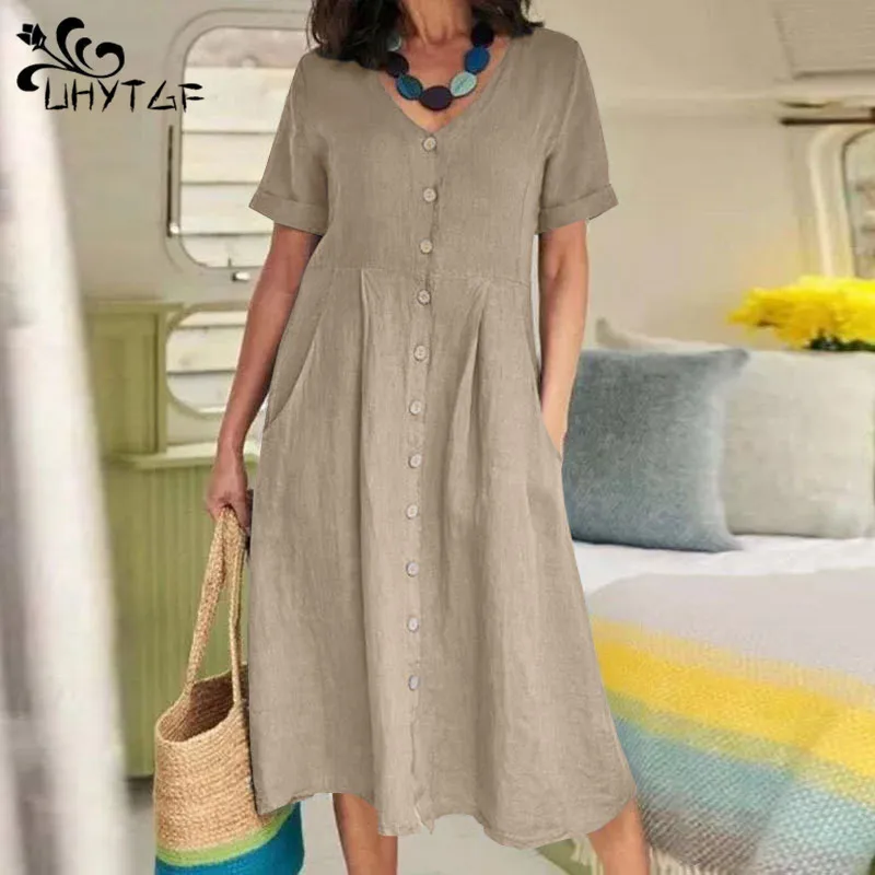 

Summer Fashion Oversized Literary Vintage Cotton Linen Dress Female Single Breasted Loose Casual Robe Women's V-neck Vestidos