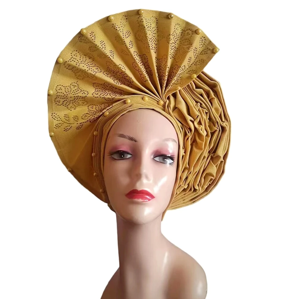 

Gold African Headtie Auto Gele With Rhinestones Sego Headtie Already Made Gele Aso Ebi African Turban Cap For Wedding