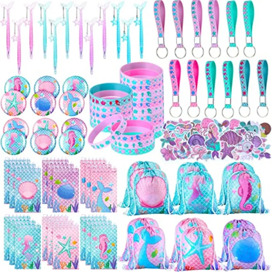 140 Bolsas de Regalo para Fiesta de Sirenas, Decoración para Cumpleaños de Niñas, Incluye Bolsas con Cordón, Pulseras de Silicona y Llaveros