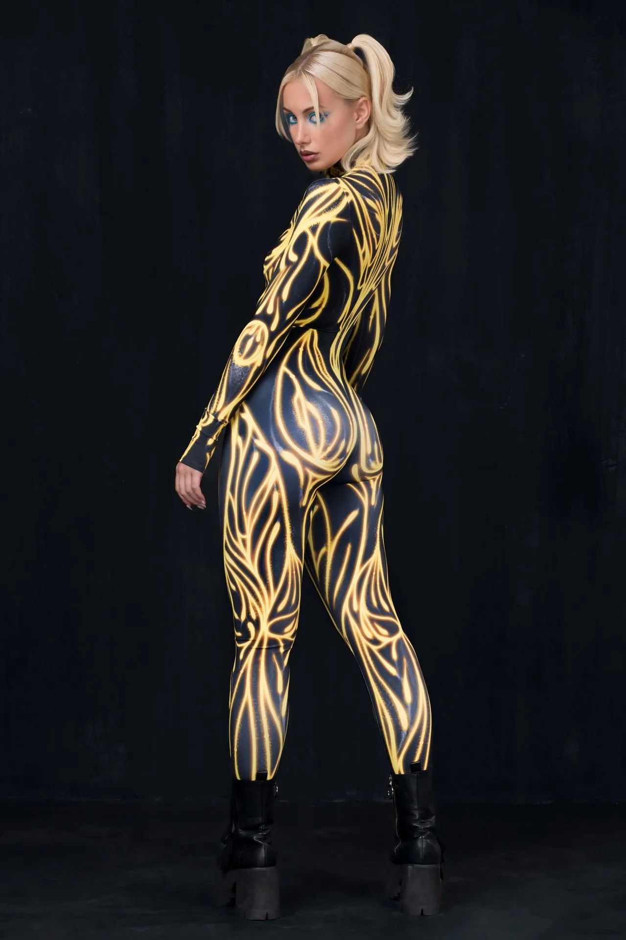 Damen Punk-Print Jumpsuit mit Unregelmäßigen Linien für Erwachsene, Cosplay-Bodysuit für Halloween, Karneval, Party, Auftritt, Radsport, Catsuit, Romper – Detail 9