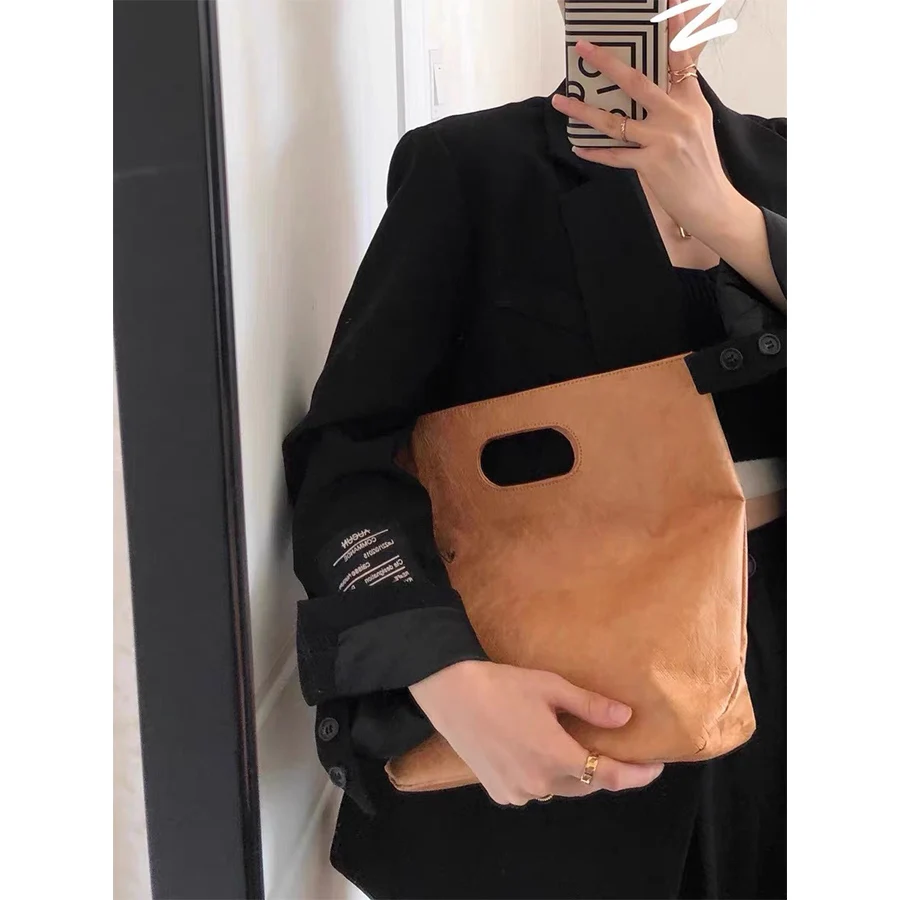 Vintage commuter kraft paper women\'s bag large capacity soild color Tote bag washable 2024 new simple ins style purse handbags