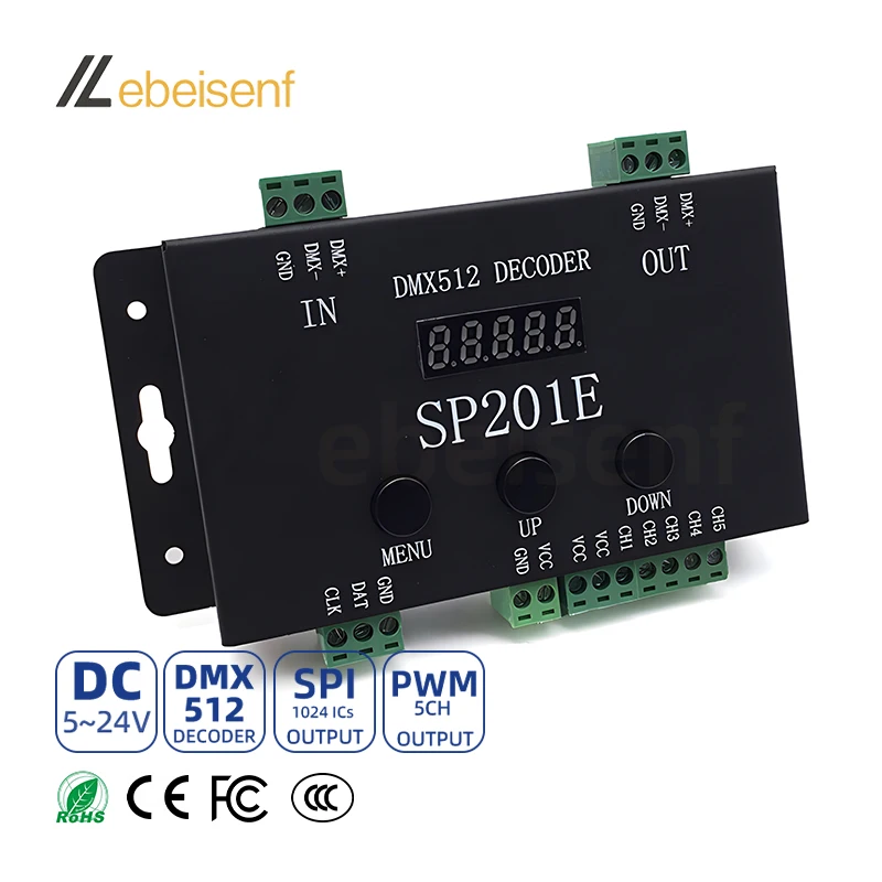 SP201E DMX512 Decoder LED SPI Controller Dimmer 1024 Pixel 5-24V for WS2812B RGB Magic Color Light Bar Stage Engineering Control