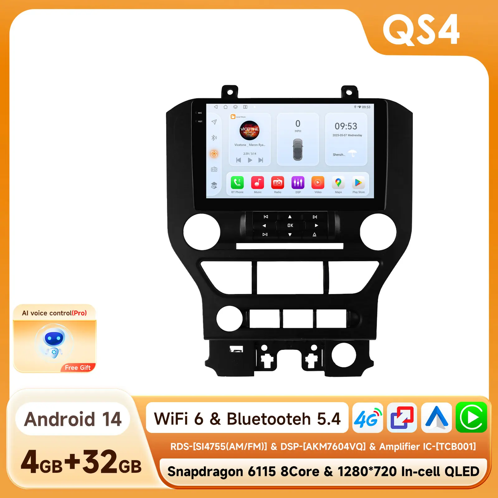 9 inch Android Intelligent Systems scherm voor Ford Mustang 2015 - 2021 autoradio multimediaspeler stereo Carplay 2din head unit