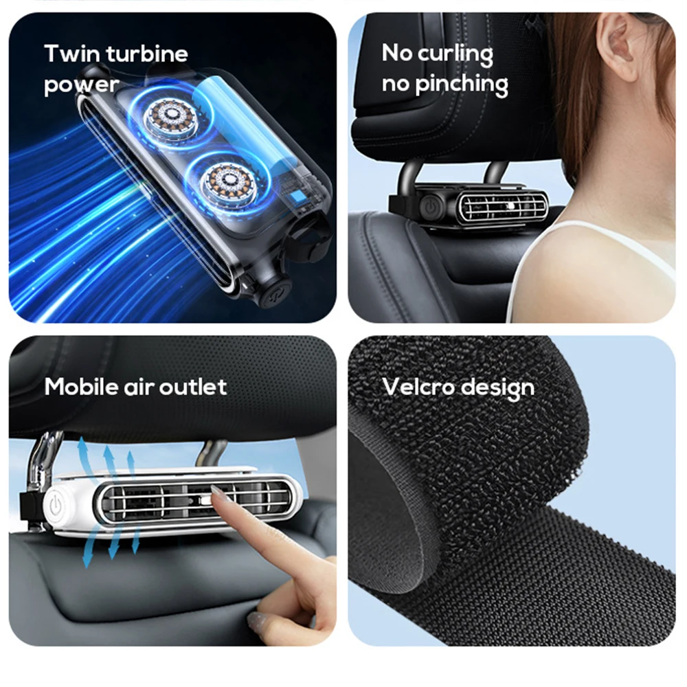 Ventilador de assento de carro sem lâmina, recarregável por usb, bateria de 3000mah, descanso de pescoço, ventilador de resfriamento para banco traseiro, acessórios de carro sem ventilação, presente