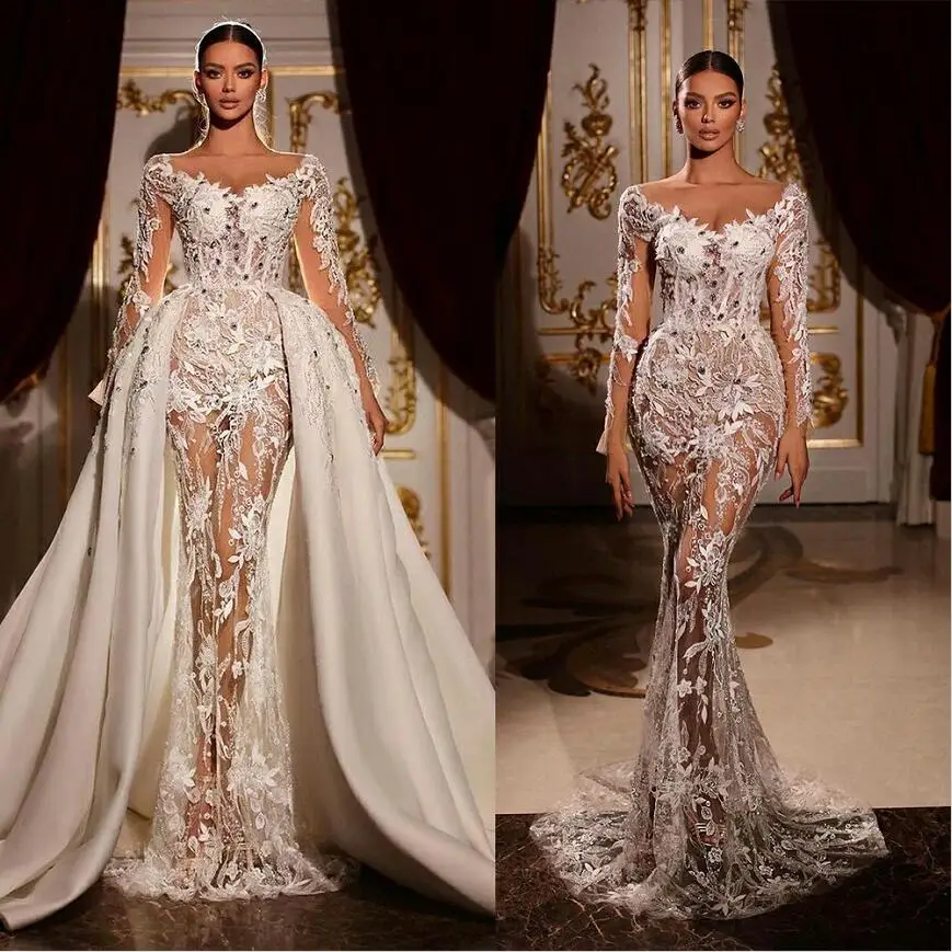 

Illusion Mermaid Wedding Dresses with Detachable Train Off Shoulder Long Sleeve Lace Beads Sexy Bride Dress Wedding Gowns Custom