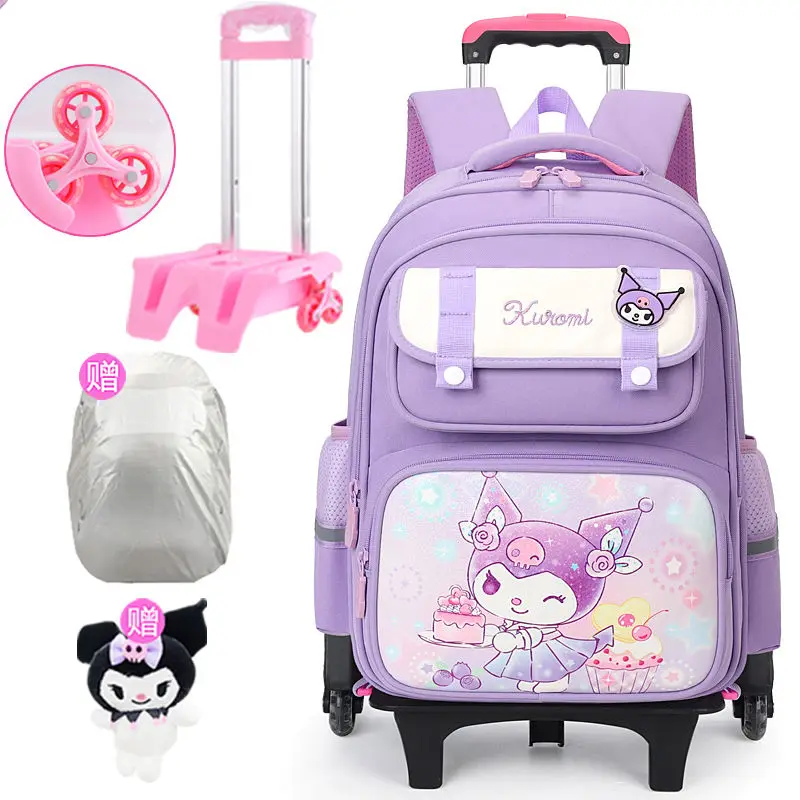 Sanrios-mochila escolar con ruedas para niños, figura de Anime Kuromi Kawaii, dibujos animados de gran capacidad, resistente al agua, súper ligera y transpirable