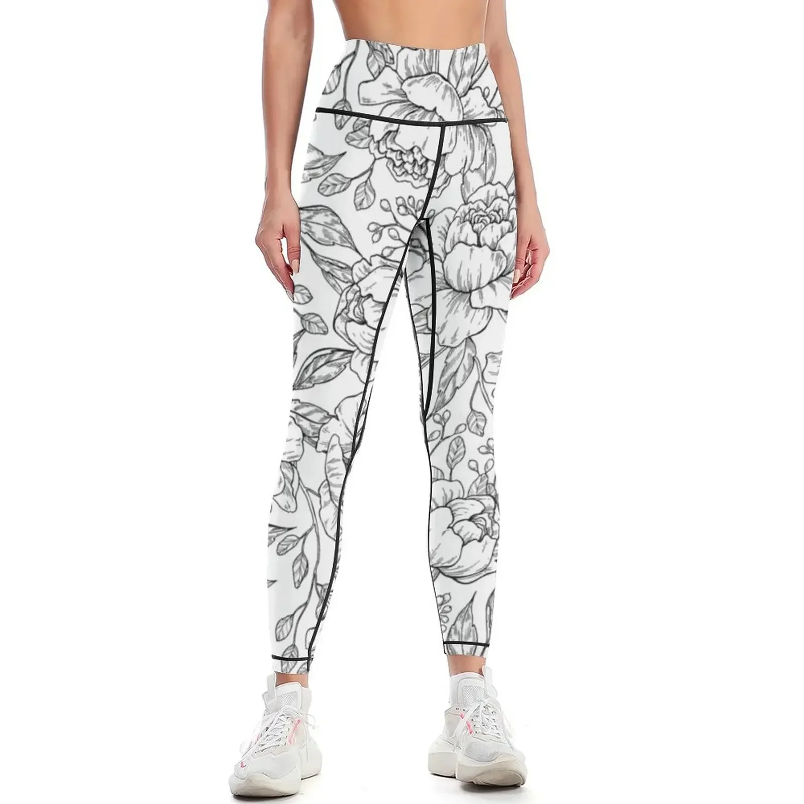 

K Botanical Monogram. Detailed Peony Drawing Leggings Sweatpants Tight fitting woman sportswear for gym gym top Womens Leggings