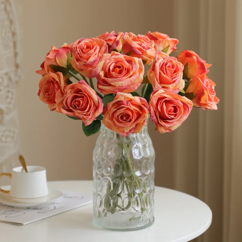 Bouquet de Roses Artificielles à Bord Rôti, Ornements Floraux Doux pour la Maison, Haut de Gamme, 38cm, 7 Pièces