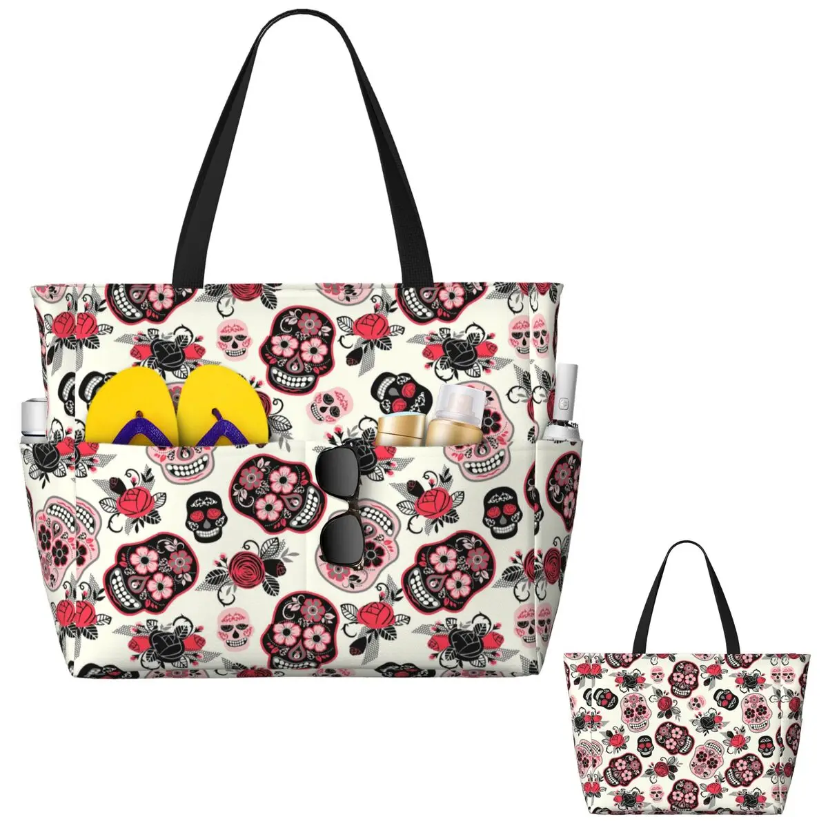 

Day Of The Dead Skulls And Roses Beach Tote Bag Sport Gym Yoga Duffle Large Tote Bag Women Travel Bag Fitness bag