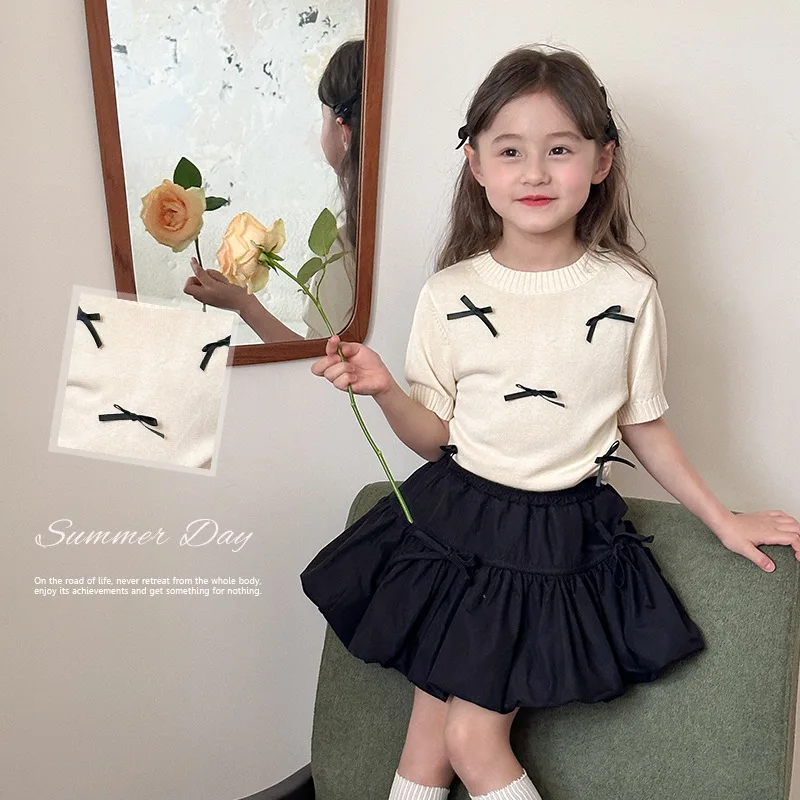 

Girls Baby Three-dimensional Bow Short-sleeved 2024 Summer Kids Puff Sleeve Knitted T-shirt Top Boutique Clothing Simple Style