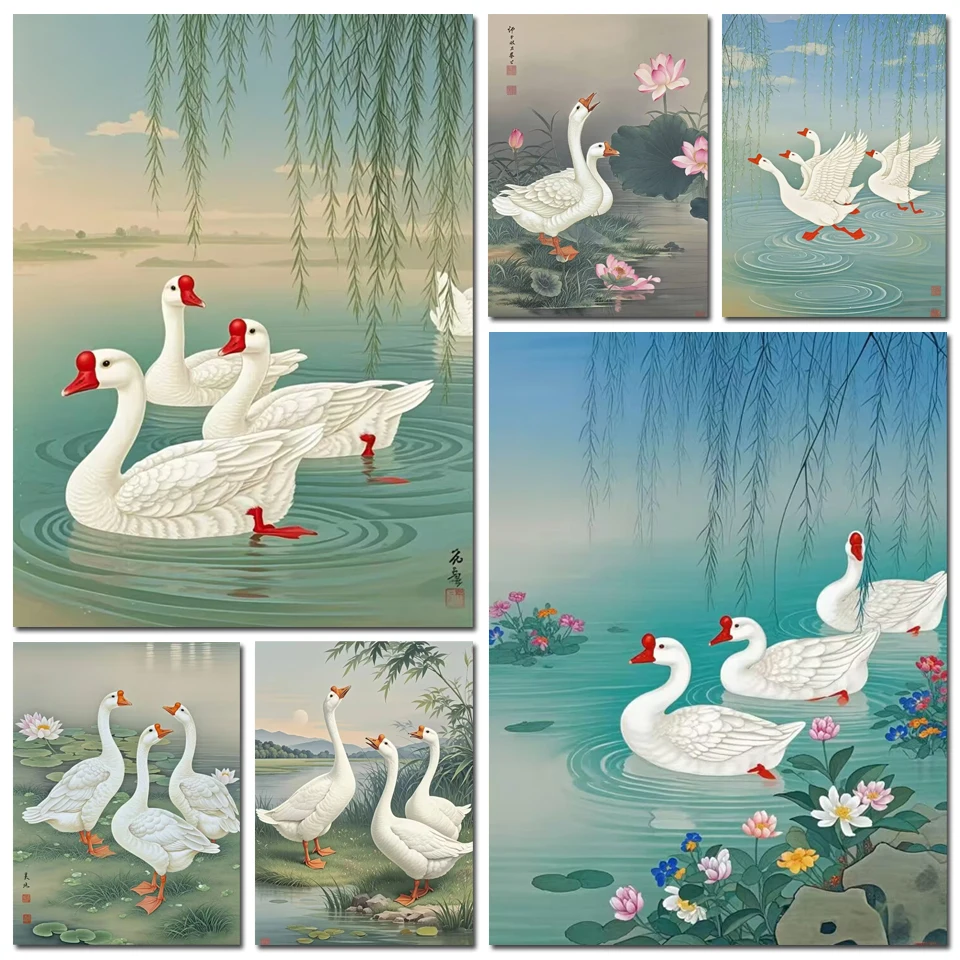 5D Diy Diamond Painting Cross Stitch Chinese Style Goose Lake Willow Tree Scenery Home Decor Full Diamond Mosaic Embroidery