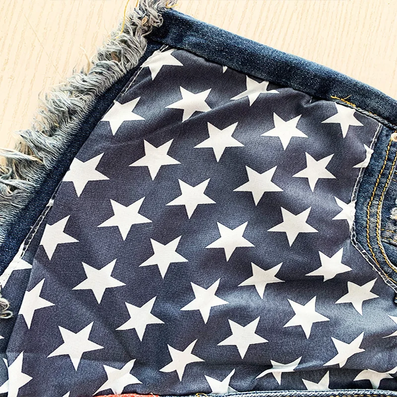 Celana Jeans Wanita Model Straight Leg High Waist Punk Sle dengan Motif Bendera dan Rumbai, Celana Denim dengan Motif Bintang untuk E-commerce Lintas Batas