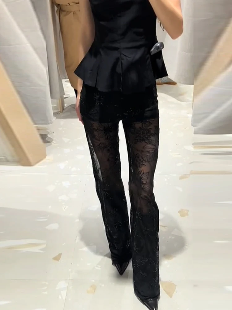 الخريف موضة السراويل القوطية للنساء عادية الدانتيل نمط فضفاض منظور نمط أسود الشارع الشهير 2025 جديد مثير سراويل طويلة #1