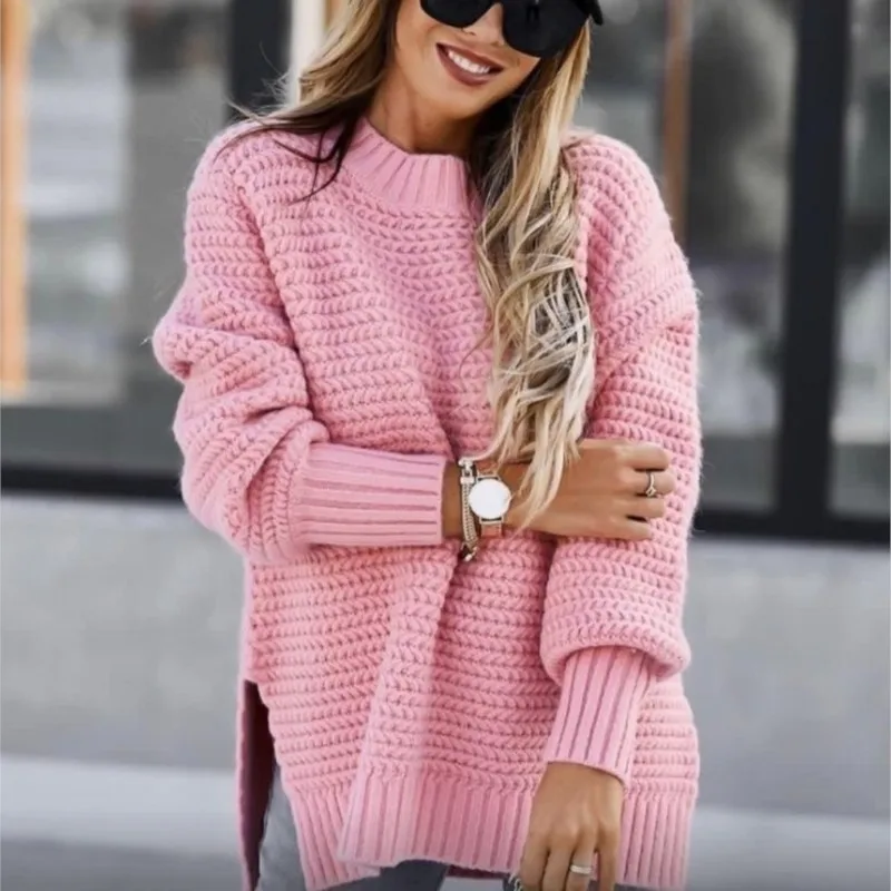 Pull épais à manches longues et col mi-haut pour femme, vêtement ample et fendu, mode coréenne, noir, nouvelle collection automne hiver 2025